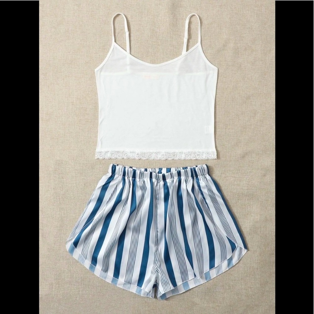 White Cami Lace Trim Cotton Crop Top & Satin Striped Shorts Pajama Outfit